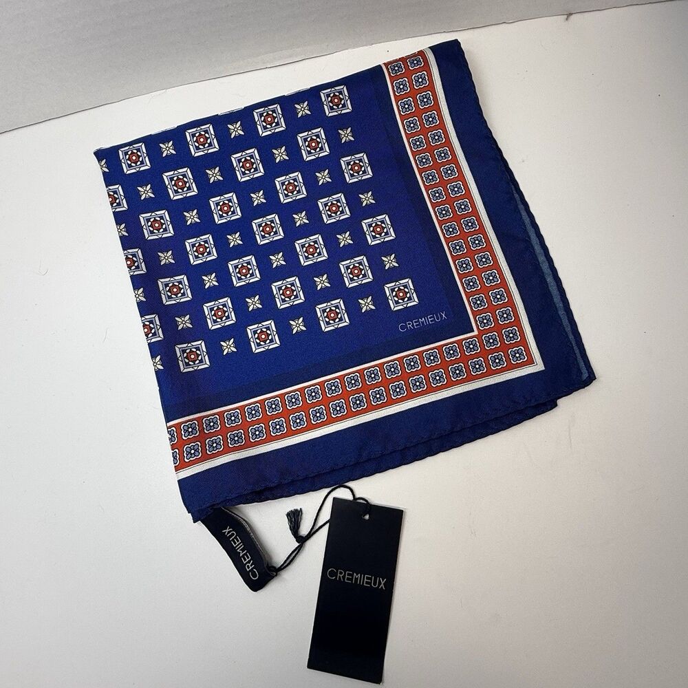 Cremieux Blue White Red Geometric Pattern 100% Silk Pocket Square New